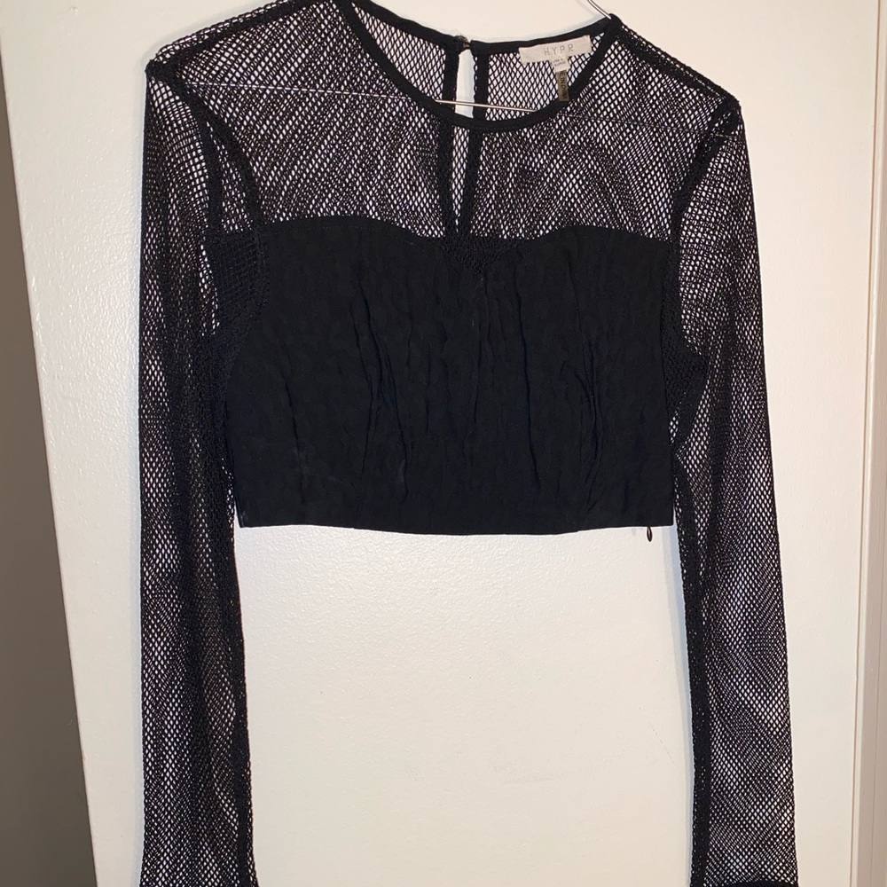 Black crop top with mesh sleeves